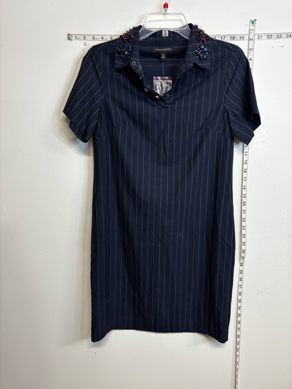 Banana Republic Navy Pinstripe Short-Sleeve Dress with Beaded Collar
